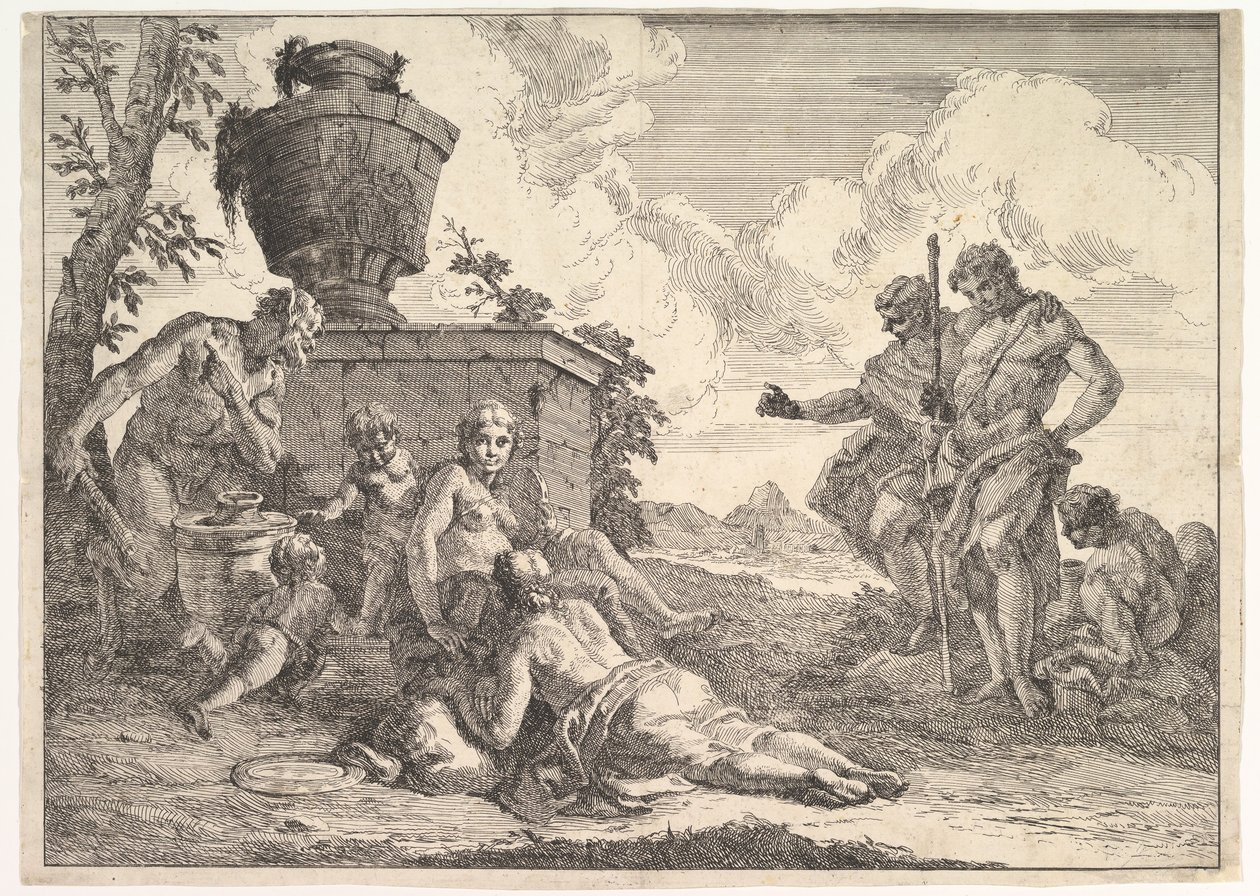 Satyr med klubba och sju figurer, från Bacchanals and Histories, 1744. av Francesco Fontebasso