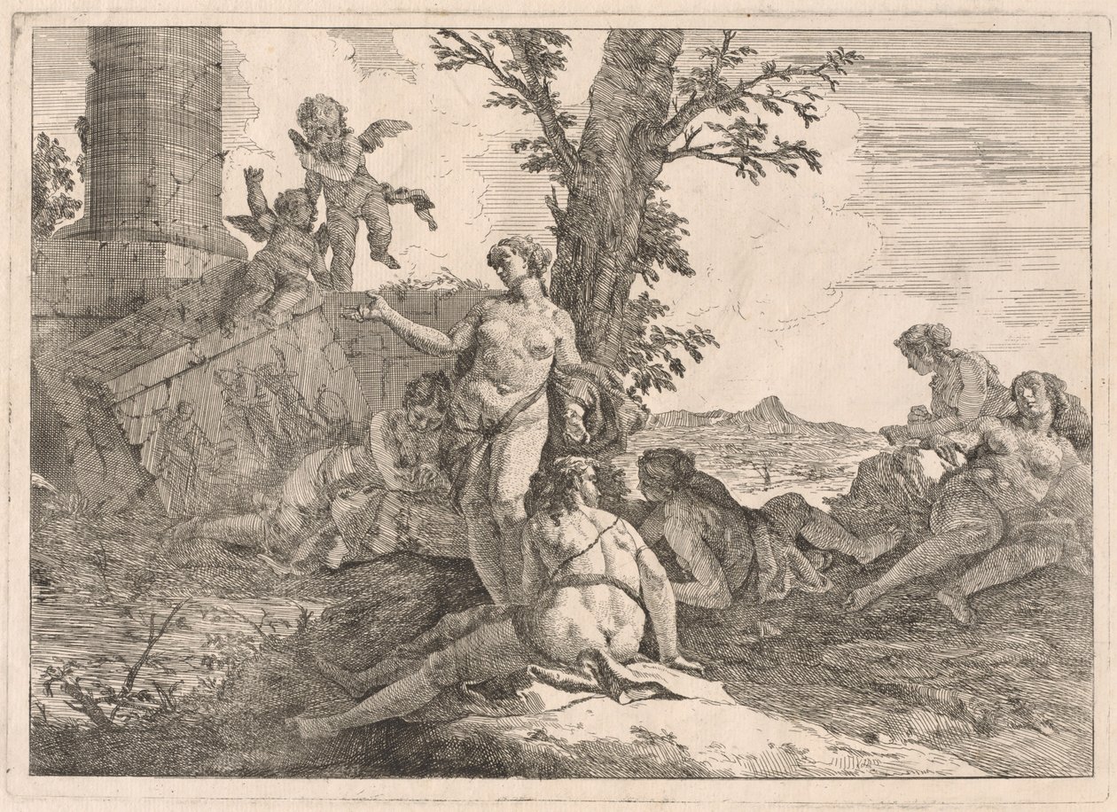 Sex nymfer och två amoriner i ett landskap av Francesco Fontebasso