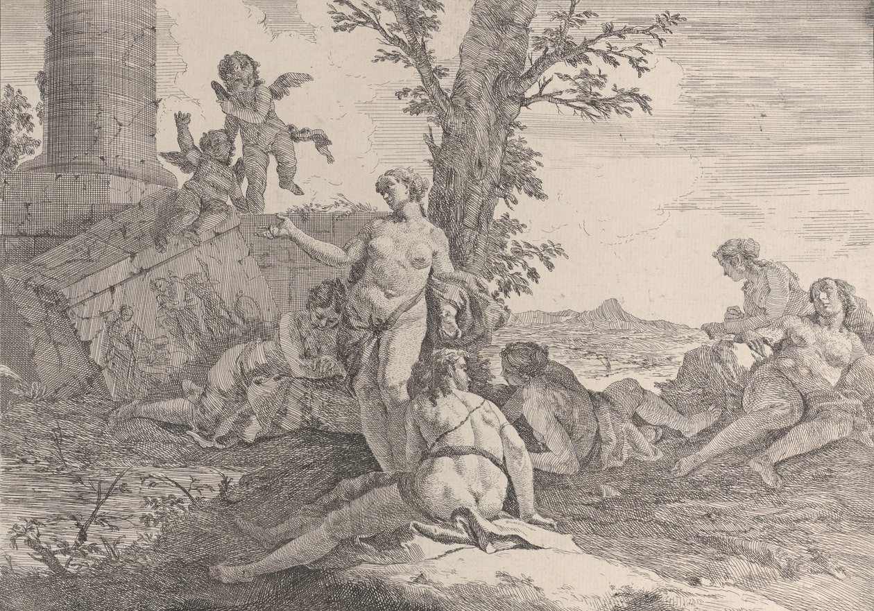 Sex nymfer och två putti, från Bacchanals and Histories, 1744. av Francesco Fontebasso
