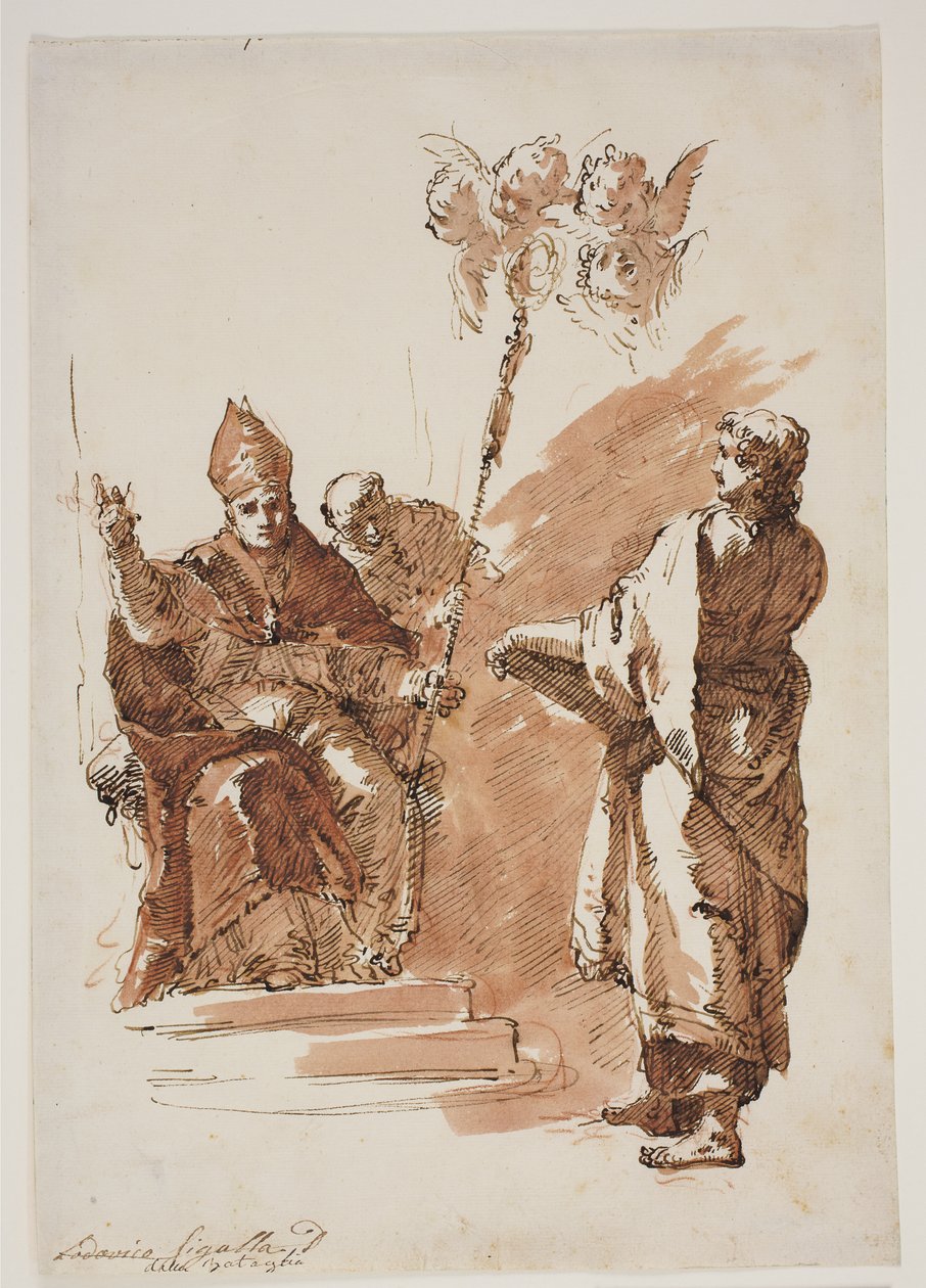 St Louis sittande med St John the Evangelist stående bredvid sig. Studera för en altartavla i Chiesa dell