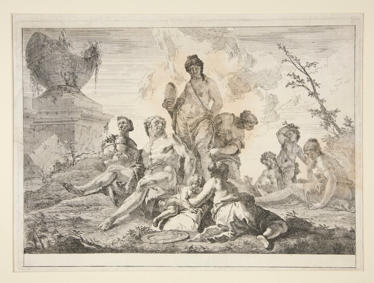 Venus, Vulcan, tre nymfer och tre keruber i ett landskap av Francesco Fontebasso