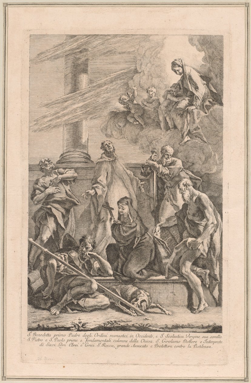 Madonnan och barnet med två änglar och heliga Scholastica, Benedict, Roch, Peter, Paul och Hieronymus av Francesco Fontebasso after Sebastiano Ricci