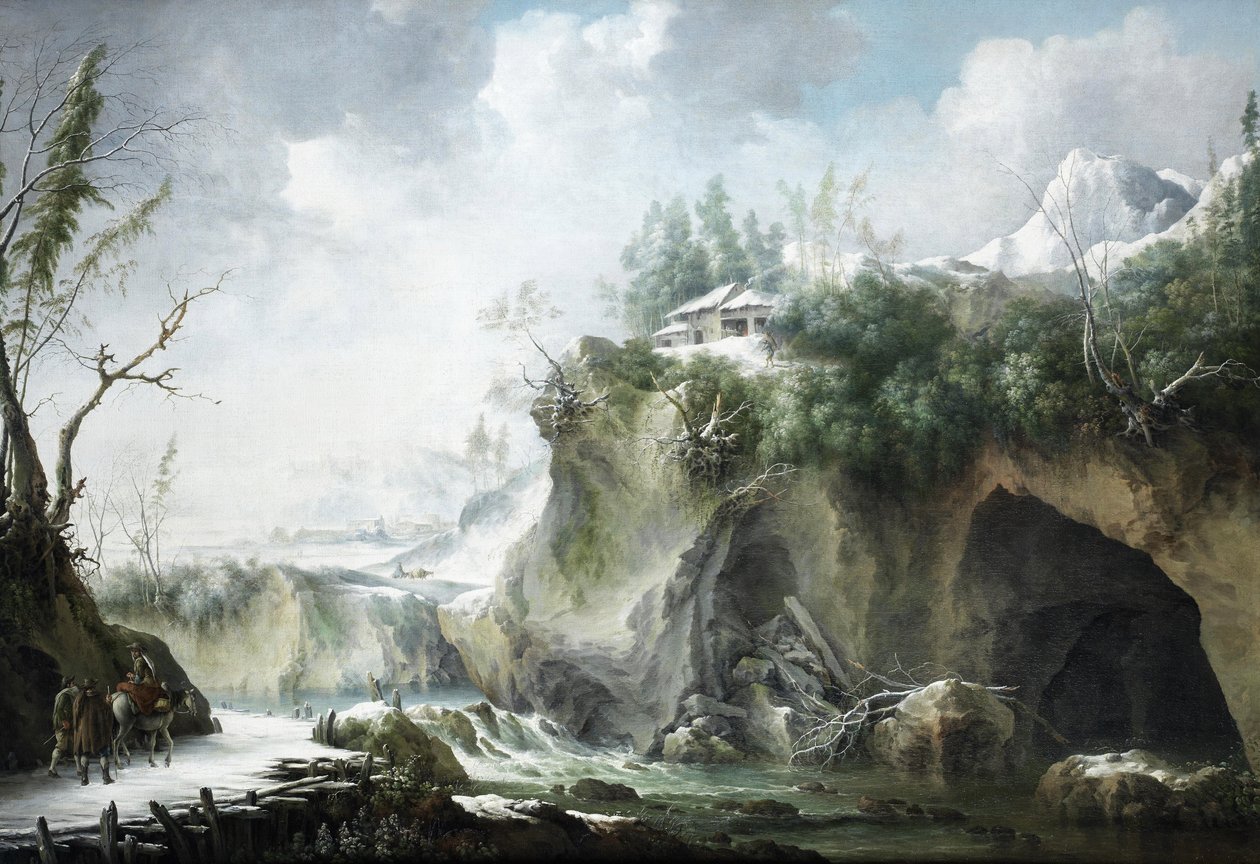 Ett flodlandskap på vintern, med resenärer på en snöig stig av Francesco Foschi