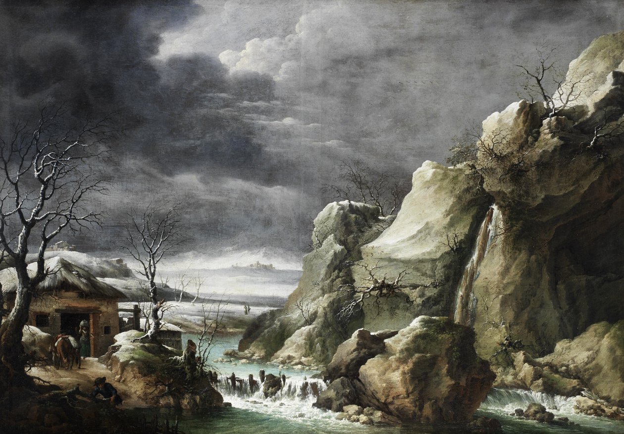 Resenärer närmar sig en lada i ett vinterlandskap, under en stormig himmel av Francesco Foschi