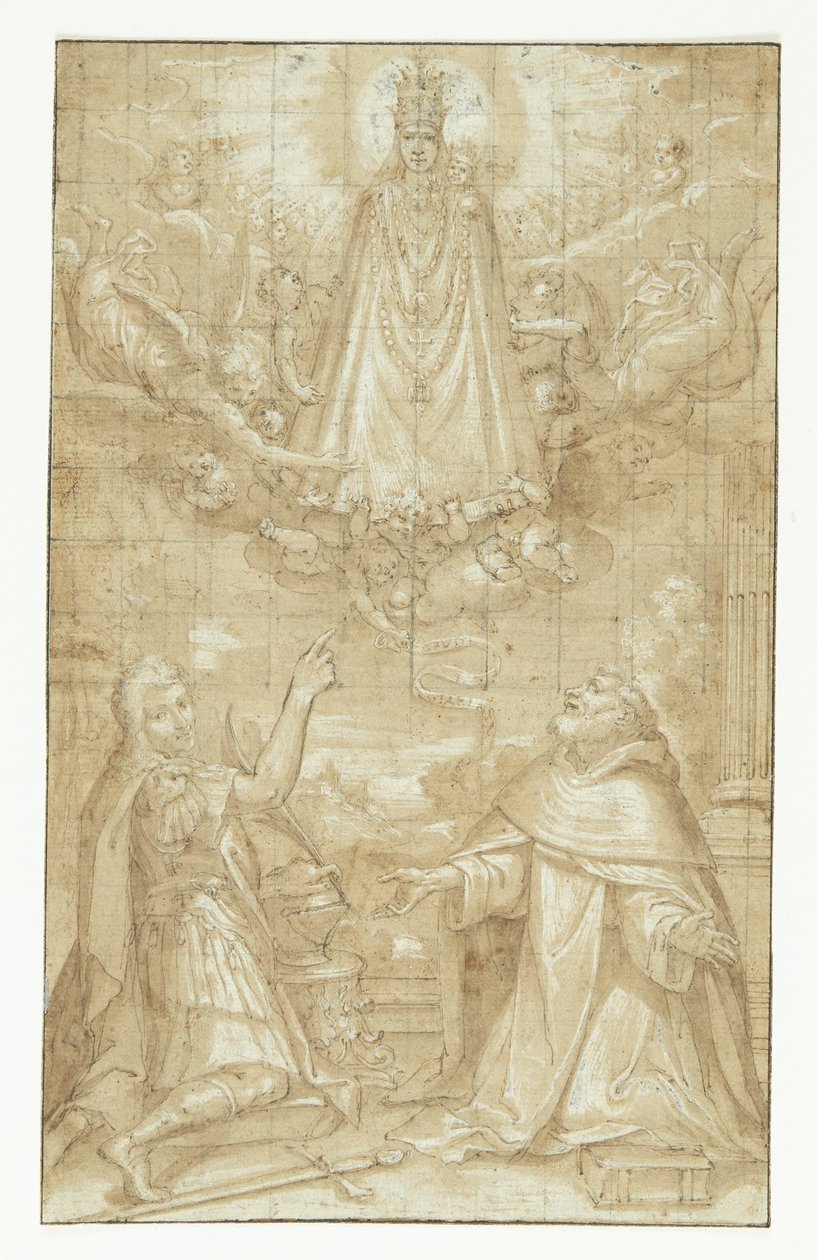 En krönt Madonna och Barn, draperad med en mantel och tunga kedjor, visar sig i molnen, omgiven av änglar och keruber, för två knäböjande helgon; den ene en soldat som är martyrdöd, den andre en präst (Hyacintus?). En ängel räcker ett bälte eller en rulla av Francesco Francia