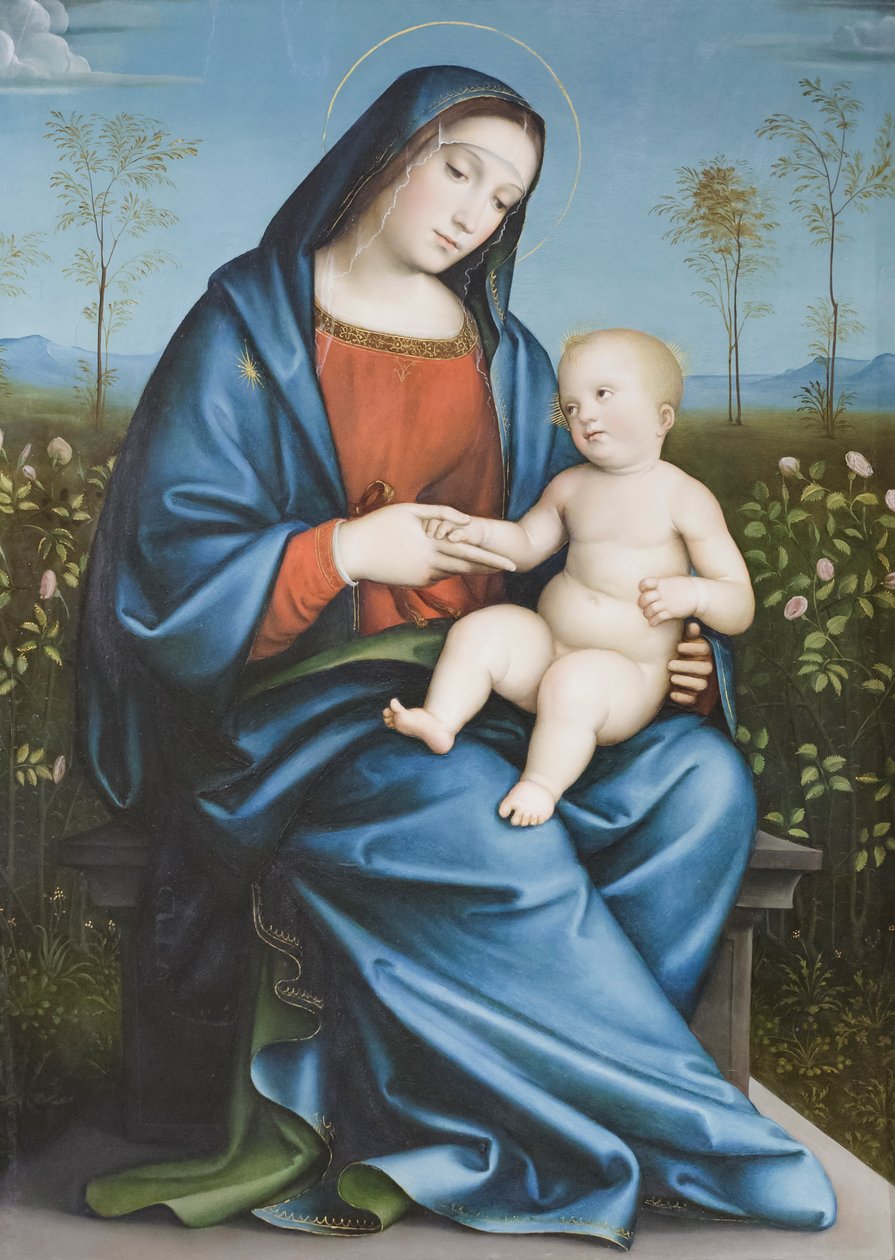 Madonna och barnet i rosenträdgården, Raibolini Francesco kallad Francesco Francia (olja på pannå) av Francesco Francia