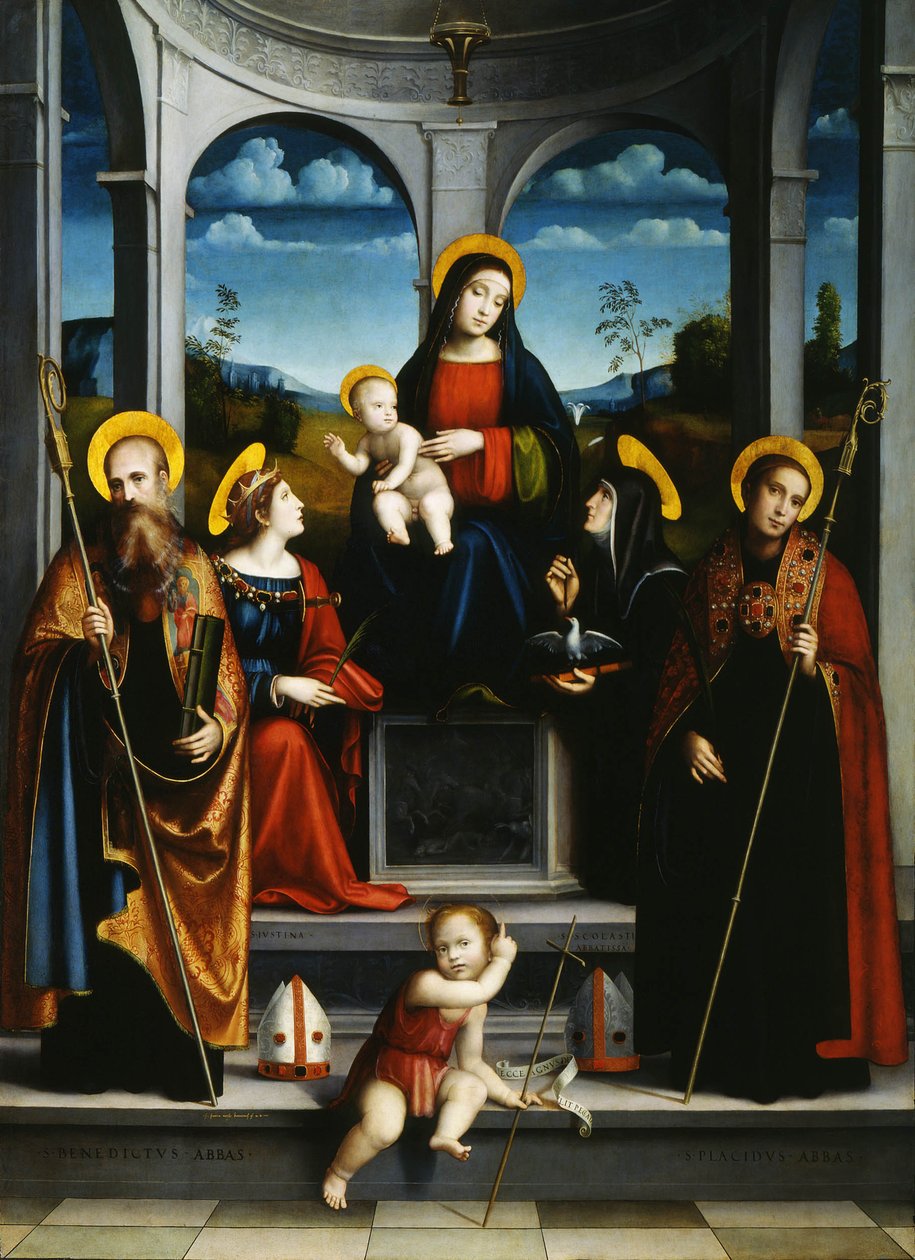 Jungfru och barn med de heliga Benedictus, Justina, Placidus och Scholastica, ca 1515 av Francesco Francia
