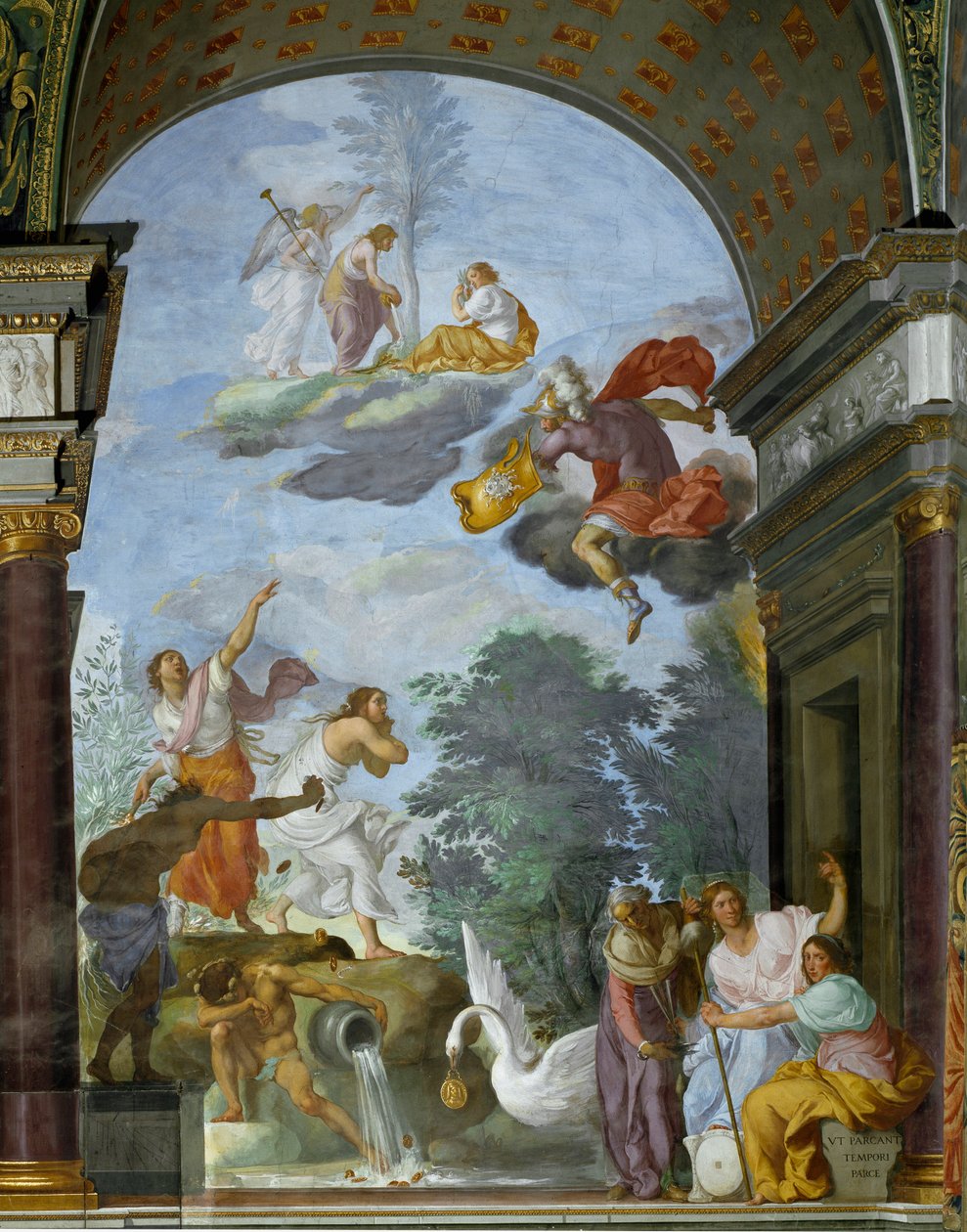 Allegori om Lawrence de Medici il Magnificents (1449-1492) död. Till höger, representation av ödets gudar, skåpen (eller parkerna): Clotho, Lachesis och Atropos. Fresk av Francesco Furini (160). av Francesco Furini