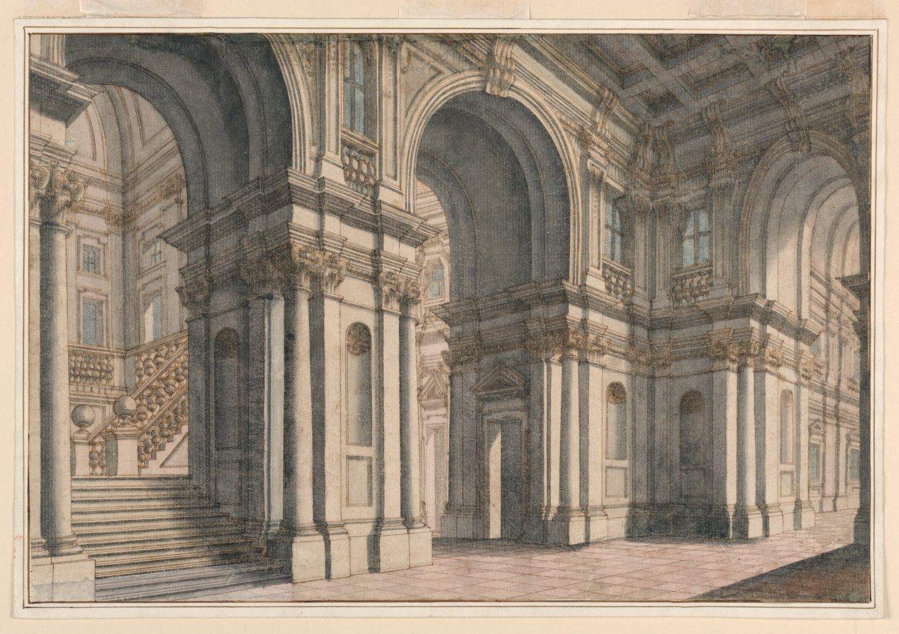 Teckning, scenografi: Palatsinteriör, 1700-1750 av Francesco Galli Bibiena