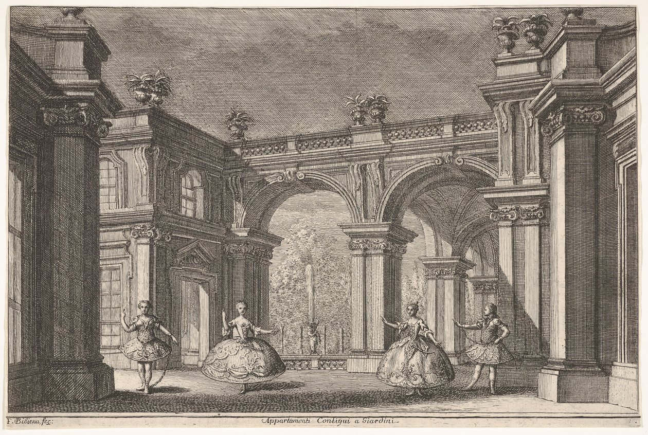 Två damer och två herrar som dansar i en utsmyckad arkitektonisk miljö, en fontän vid..., 1765. av Francesco Galli Bibiena
