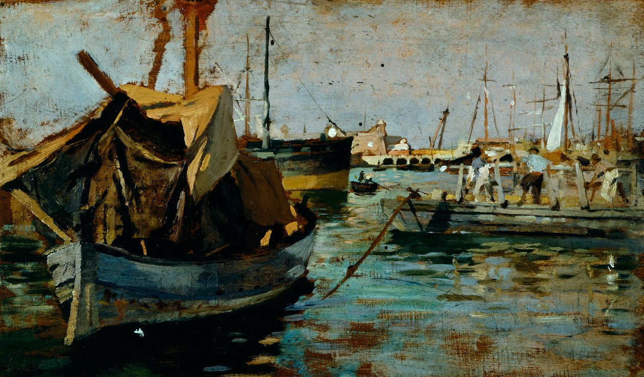 På jobbet i Livornos hamn (Leghorn) av Francesco Gioli (1846-1922), olja på panel, 22x38 cm av Francesco Gioli