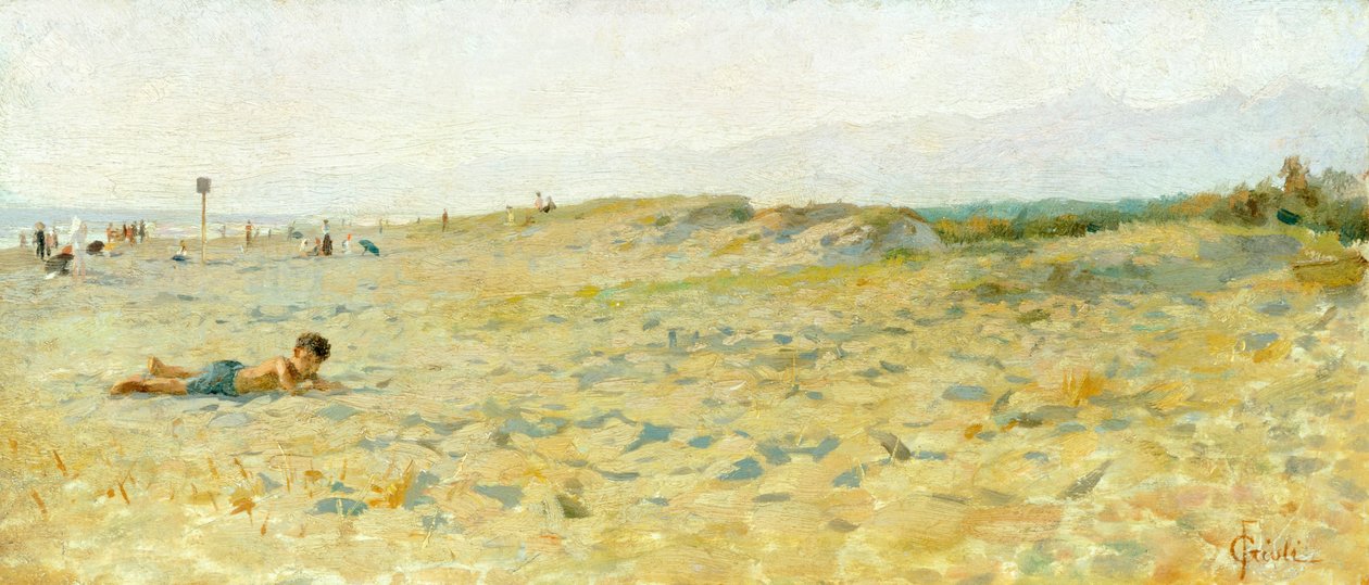 Strand i Cinquale av Francesco Gioli (1846-1922), olja på panel av Francesco Gioli