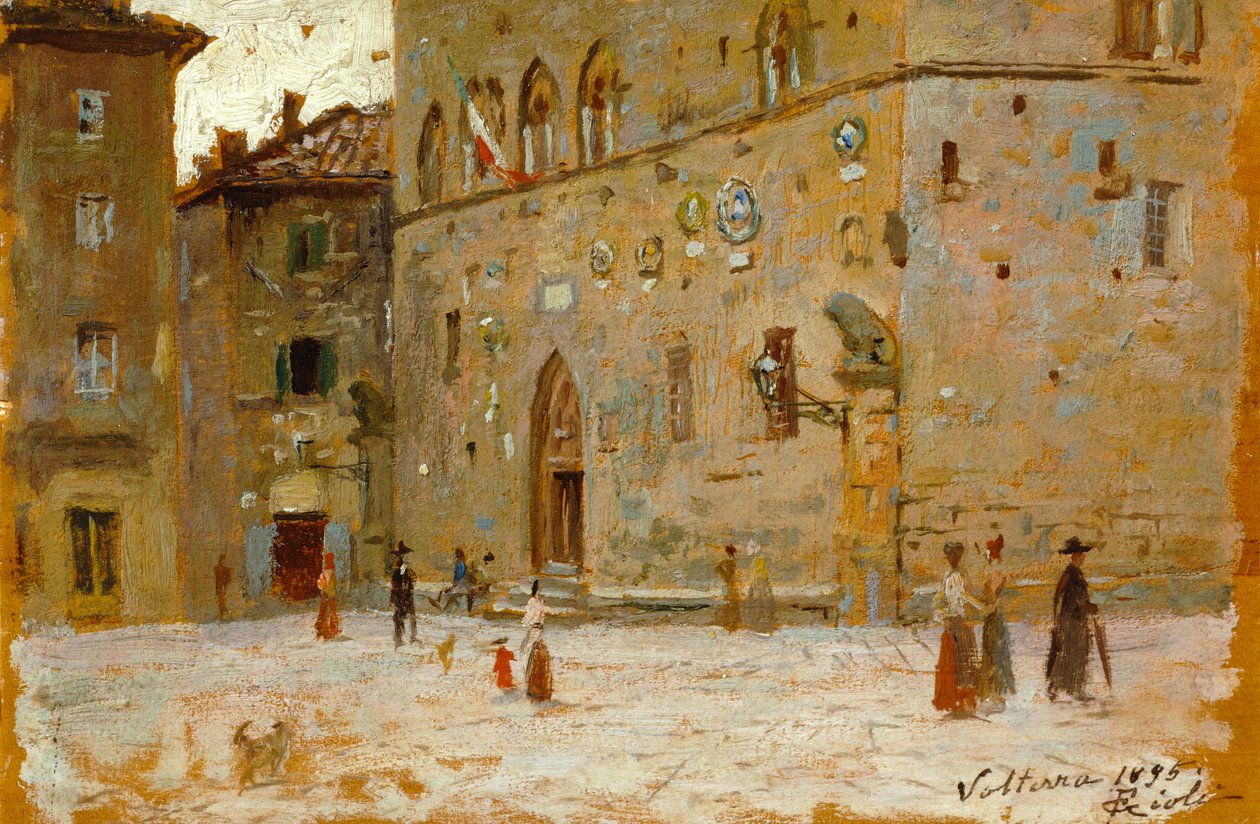 På torg i Volterra av Francesco Gioli (1846-1922), olja på panel av Francesco Gioli
