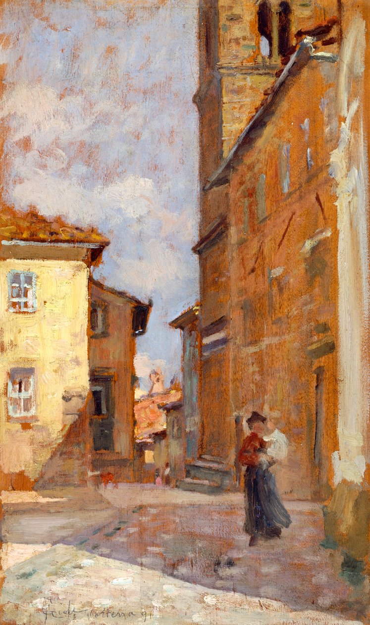 På gatan i Volterra av Francesco Gioli (1846-1922), olja på panel, 38x23 cm av Francesco Gioli