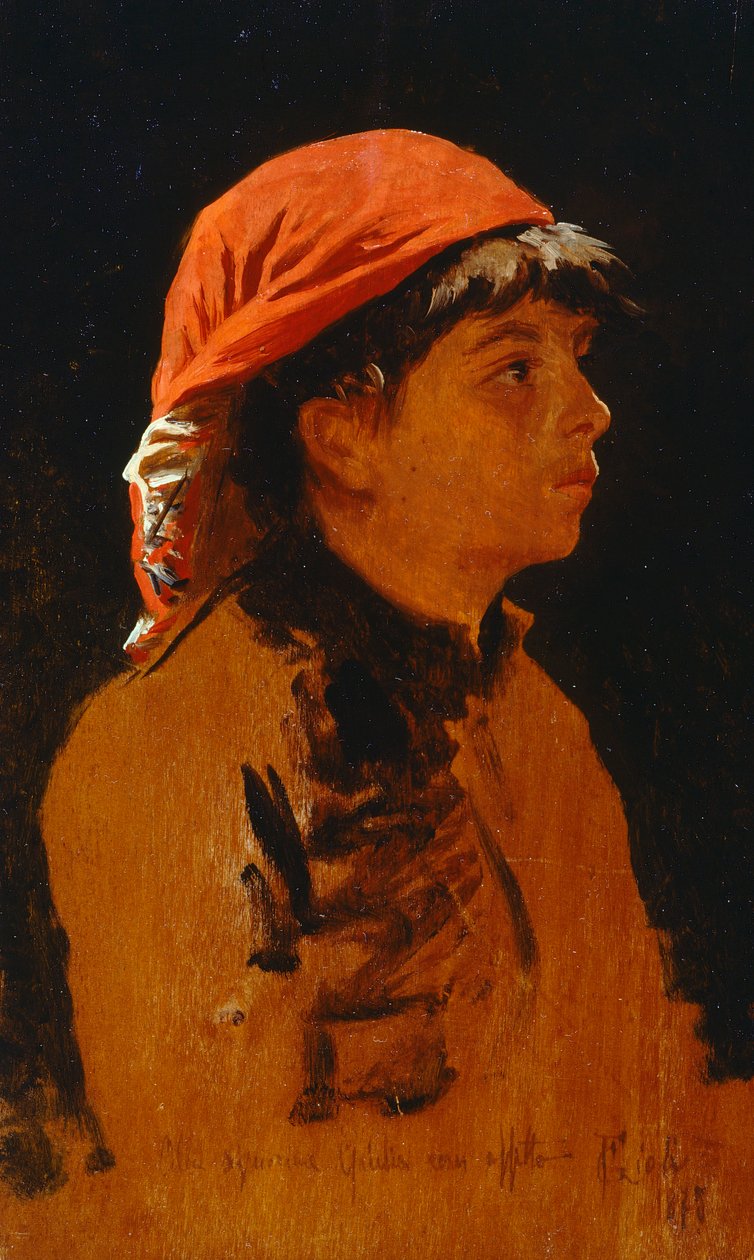 Röd halsduk av Francesco Gioli (1846-1922), olja på panel, 28x17 cm av Francesco Gioli