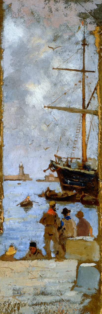 Utsikt över hamnen i Livorno av Francesco Gioli (1846-1922), olja på duk överförd till kartong, 38x12 cm av Francesco Gioli