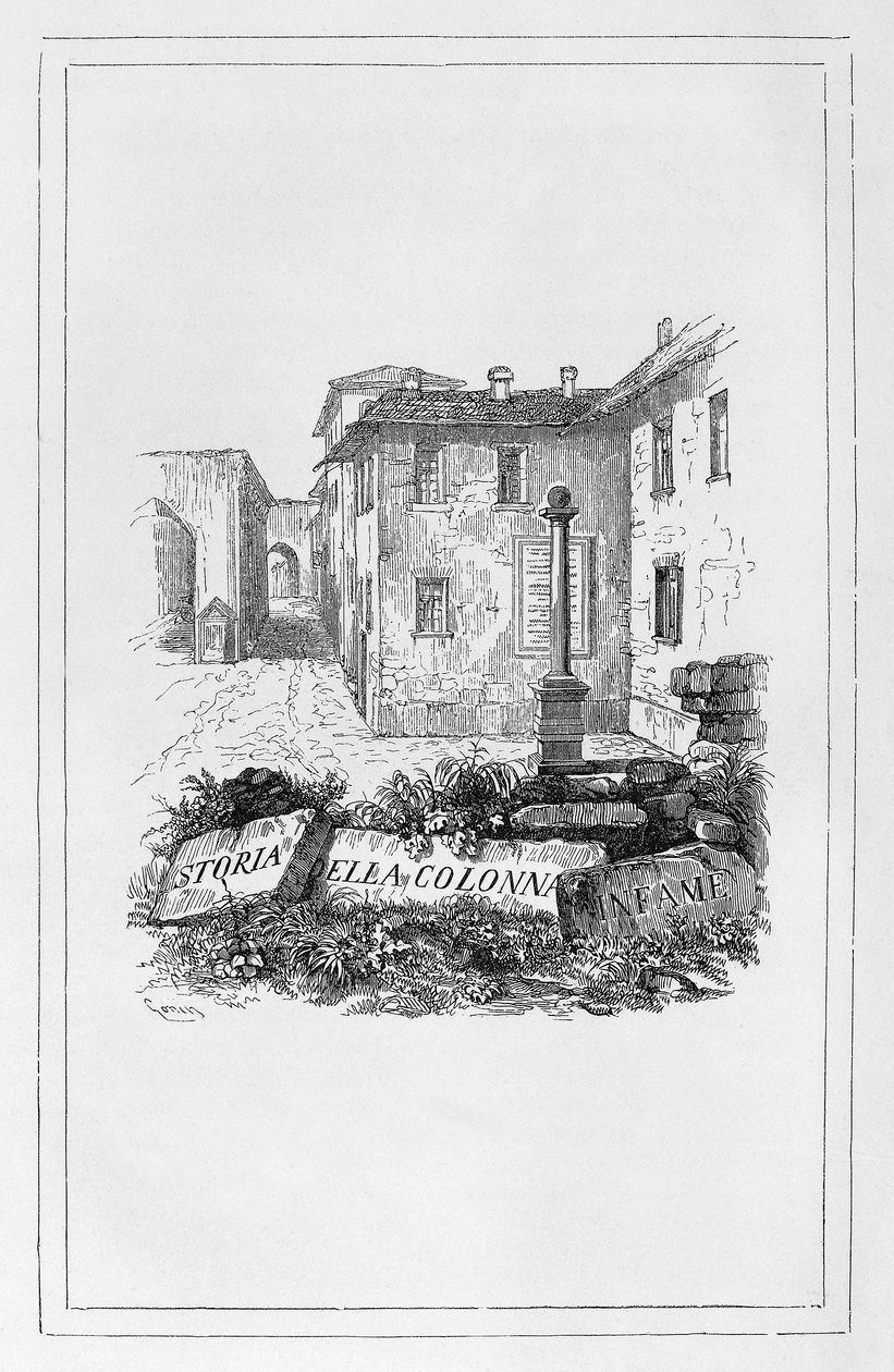 Historia om skändningens pelare, titelsida av Francesco Gonin (1808-1889) för historisk essä av Alessandro Manzoni (1785-1873), Italien av Francesco Gonin