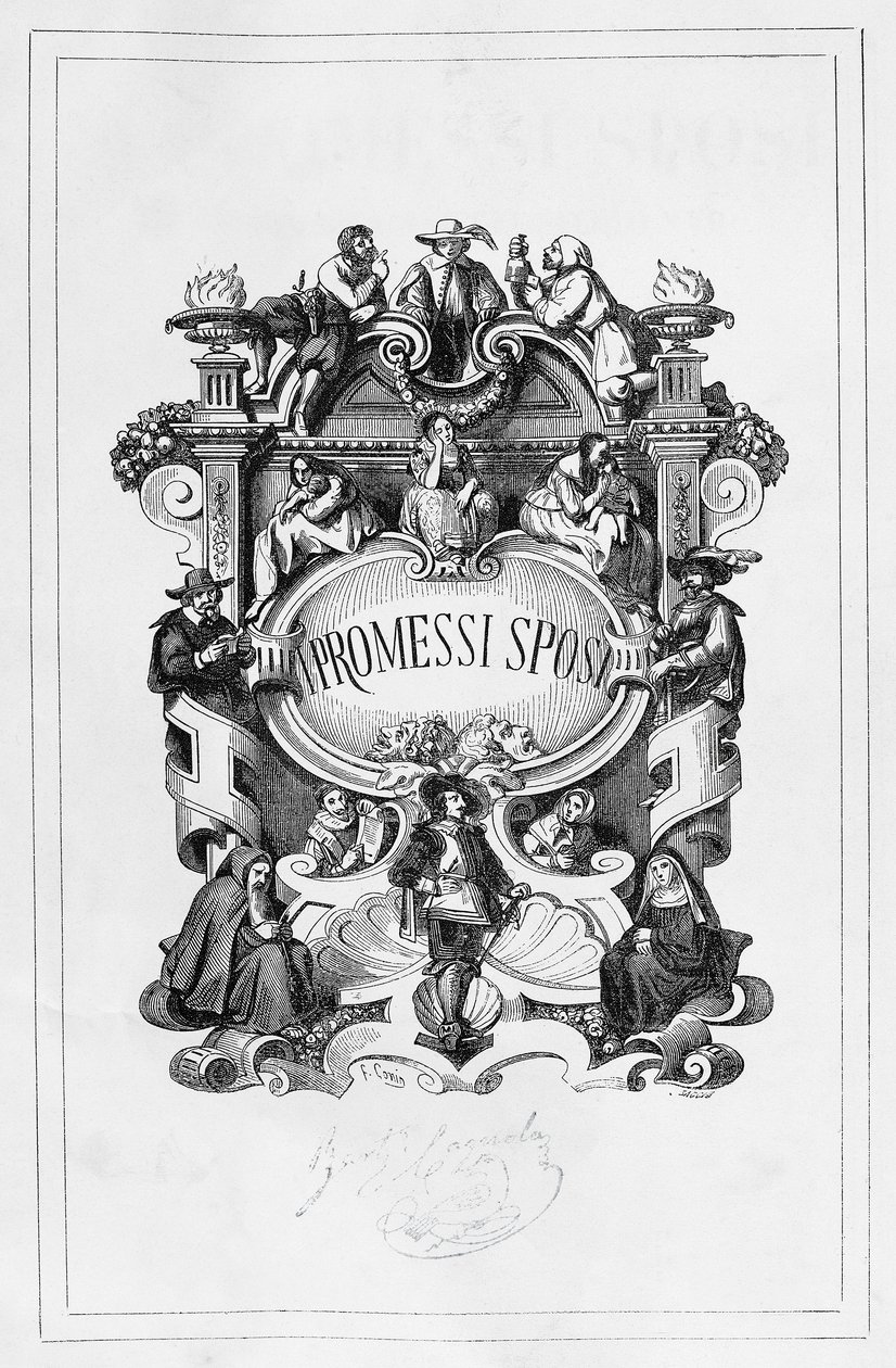 De trolovade, titelsida av Francesco Gonin (1808-1889) för 1840-1842 upplagan av roman av Alessandro Manzoni (1785-1873), Italien av Francesco Gonin