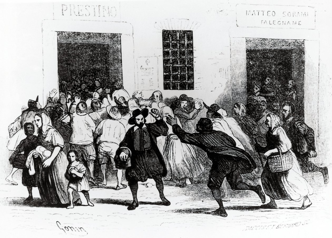 Plundringen av Bageri med kryckor, avsnitt från Trolovad, av Alessandro Manzoni (1785-1873), illustration av Francesco Gonin (1808-1889) 1840-upplagan av Francesco Gonin