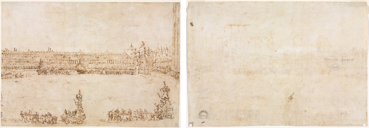 En procession av triumfbilar på Piazza San Marco, Venedig, för att fira besöket av Conti del Nord (recto) Tre skisser av bågar (verso) av Francesco Guardi
