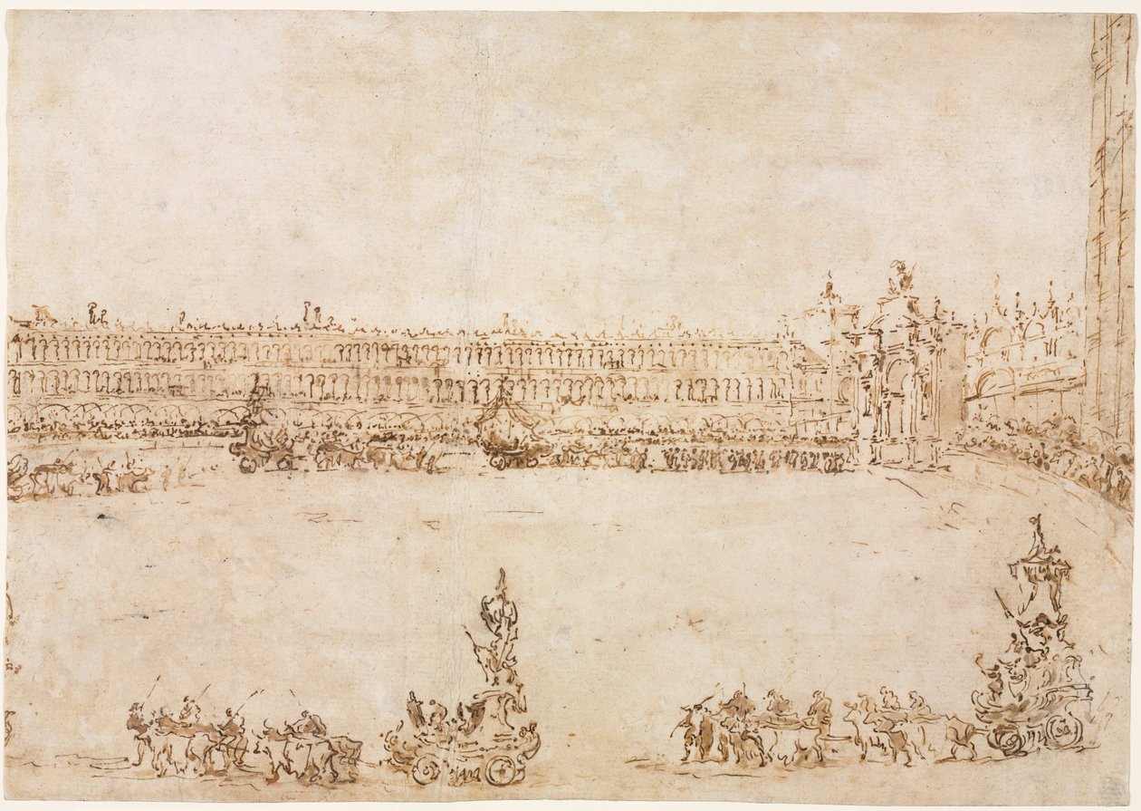 En procession av triumfbilar på Piazza San Marco, Venedig, för att fira besöket av Conti del Nord (recto) av Francesco Guardi