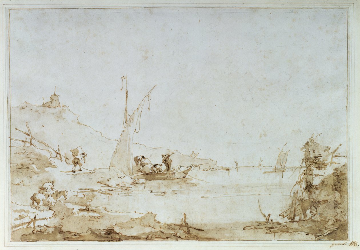 En kustscen, ca 1770-80 (penna och brun tvätt med svart krita på papper) av Francesco Guardi