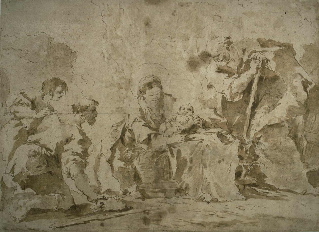 Herdarnas tillbedjan (recto); Tre skisser: Byggnader vid kanal med båtar, Landskap med buldingar på sluttning, Byggnader med portik (a tergo) av Francesco Guardi