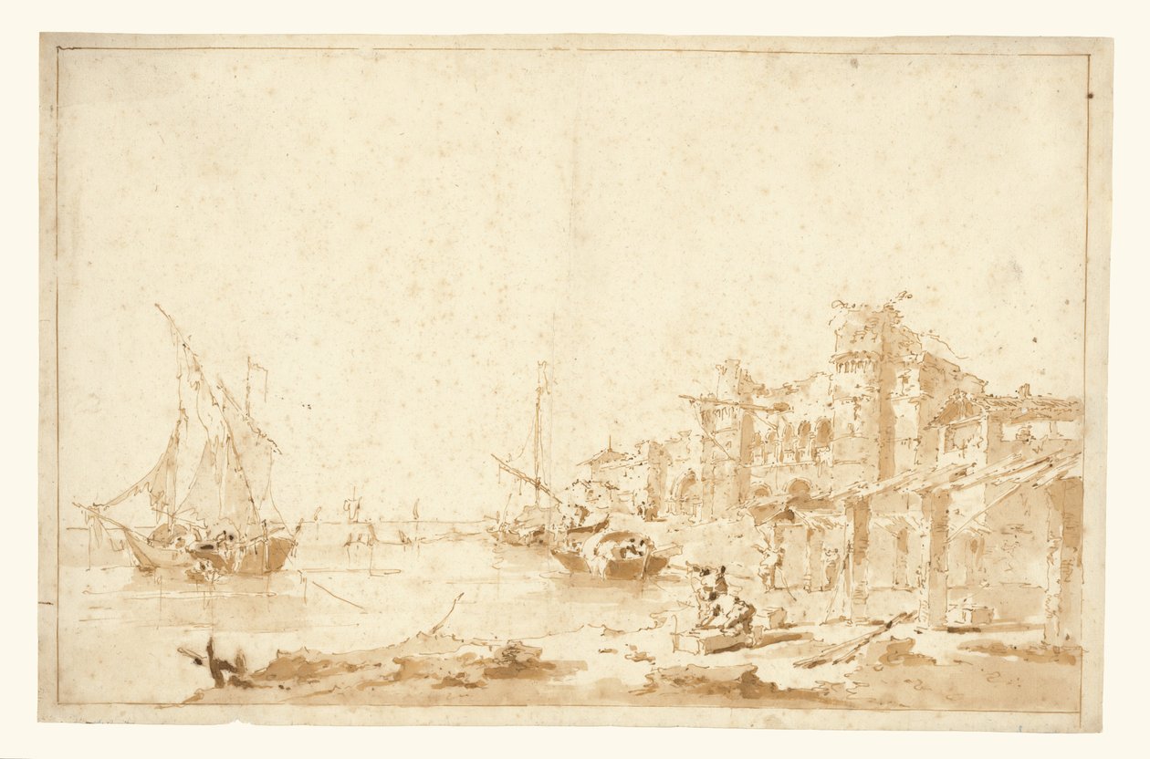 En imaginär vy över en venetiansk lagun med en fästning vid stranden av Francesco Guardi