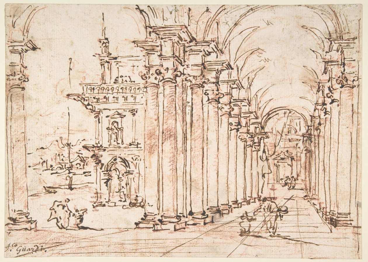 Arkitektoniskt kapriccio: Ett palats med välvd kolonnad av Francesco Guardi