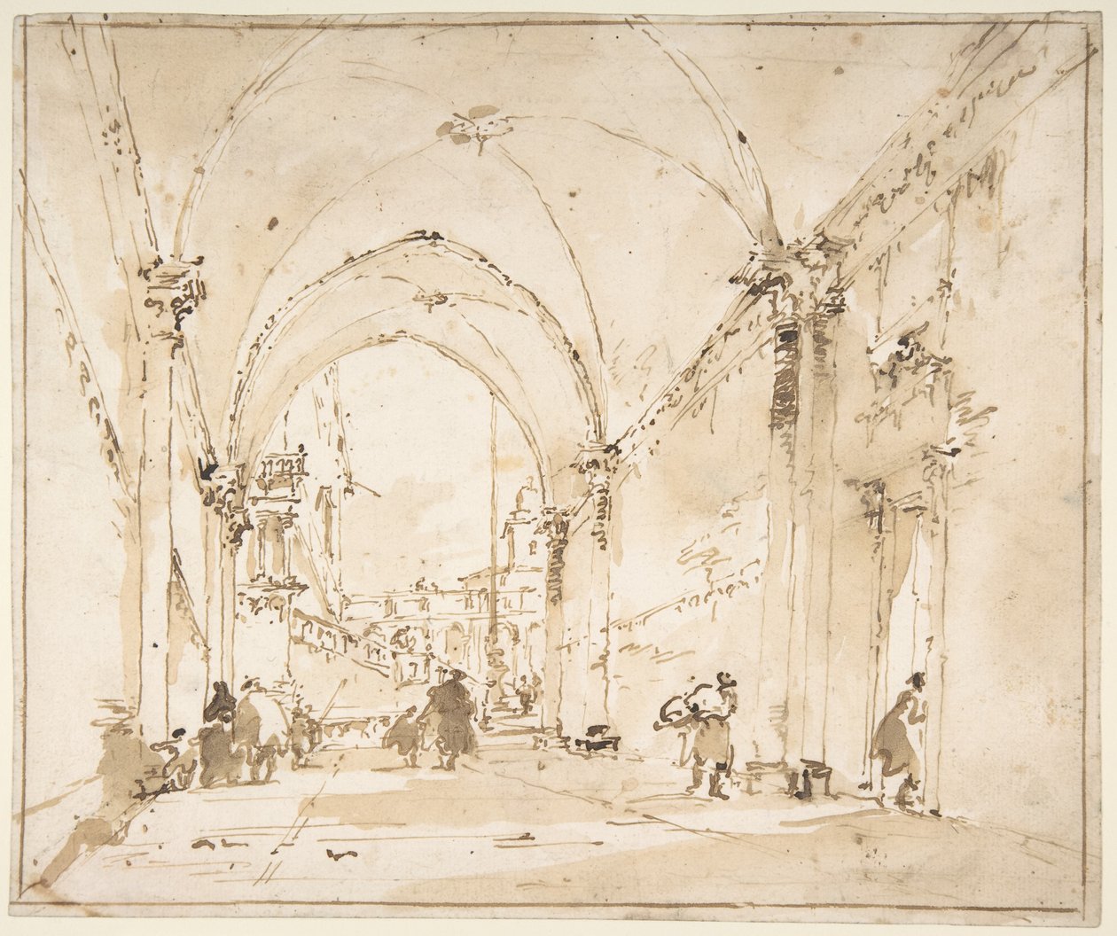 Arkitektoniskt kapriccio: en välvd gång som leder till ett torg av Francesco Guardi