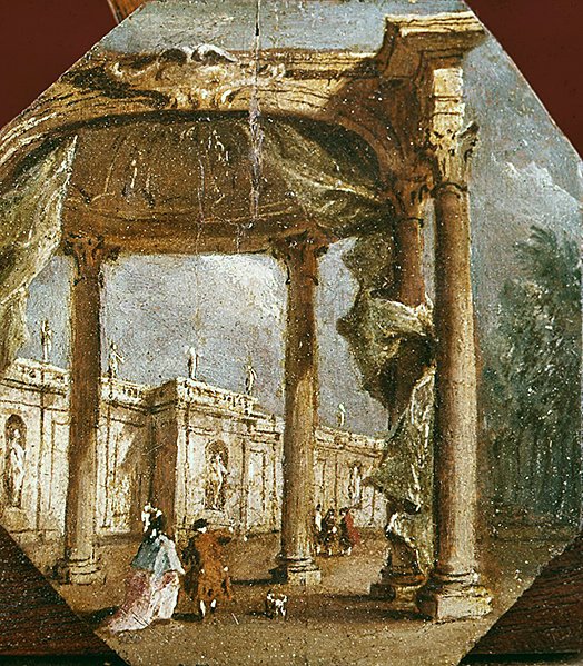 Capriccio av en dårskap med ett elegant par och en hund (olja på panel) av Francesco Guardi