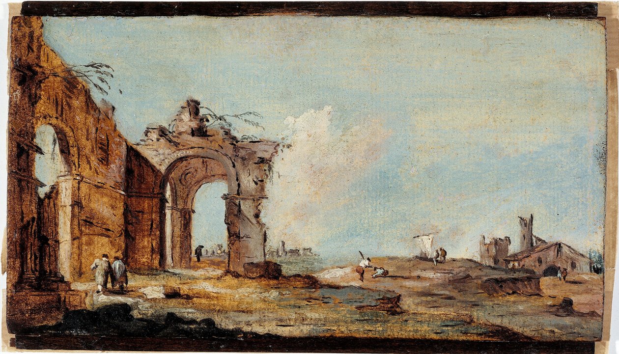Caprice, med ruinerad båge och fiskarhus av Francesco Guardi