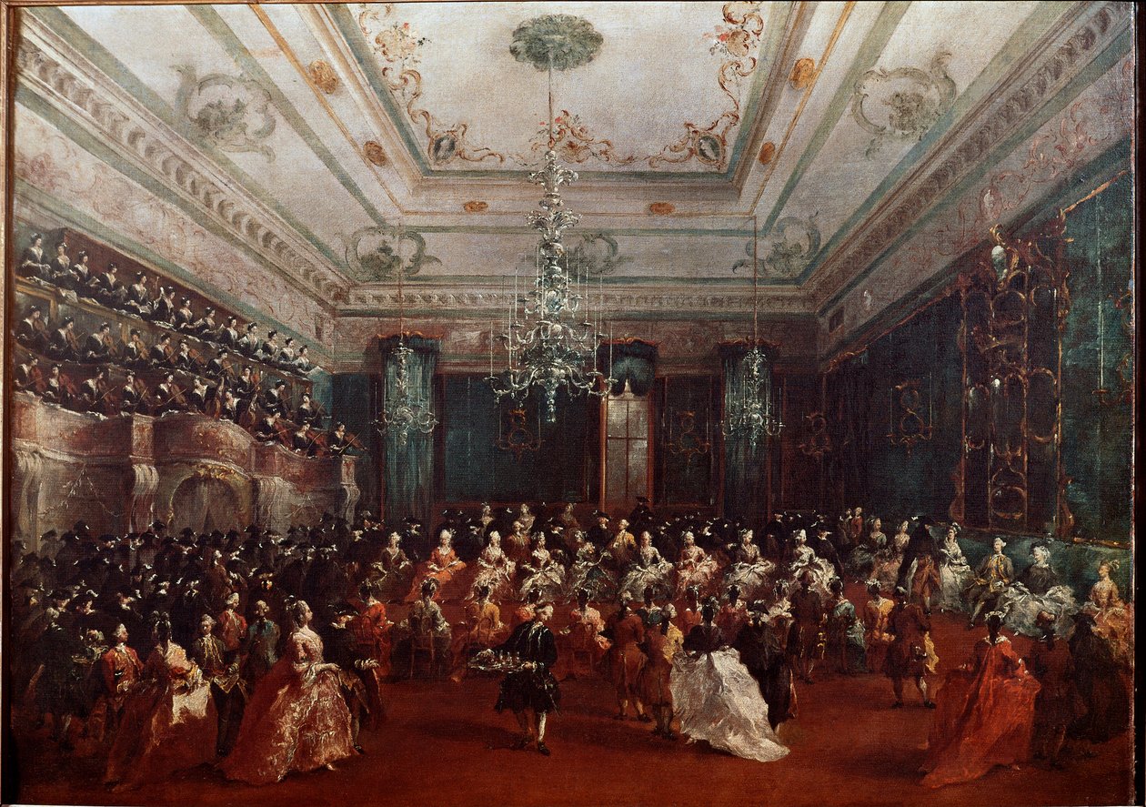Galakonsert på Casino dei Filodrammatici i Venedig Kvinnokonsert. Målning av Francesco Guardi (1712-1793) Dim.67x90 cm München, Alte Pinakothek av Francesco Guardi