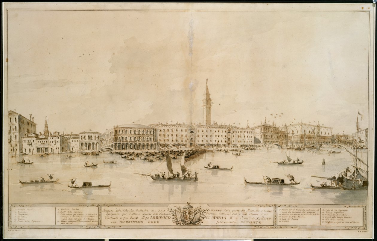 Panorama över Venedig från Bacino di San Marco, inklusive projektet för det föreslagna Teatro Manin av Francesco Guardi