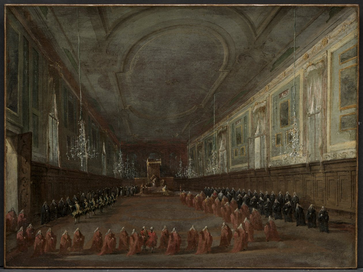 Påven Pius VI stiger ned på tronen för att ta avsked från dogen i salen..., ca. 1783. av Francesco Guardi