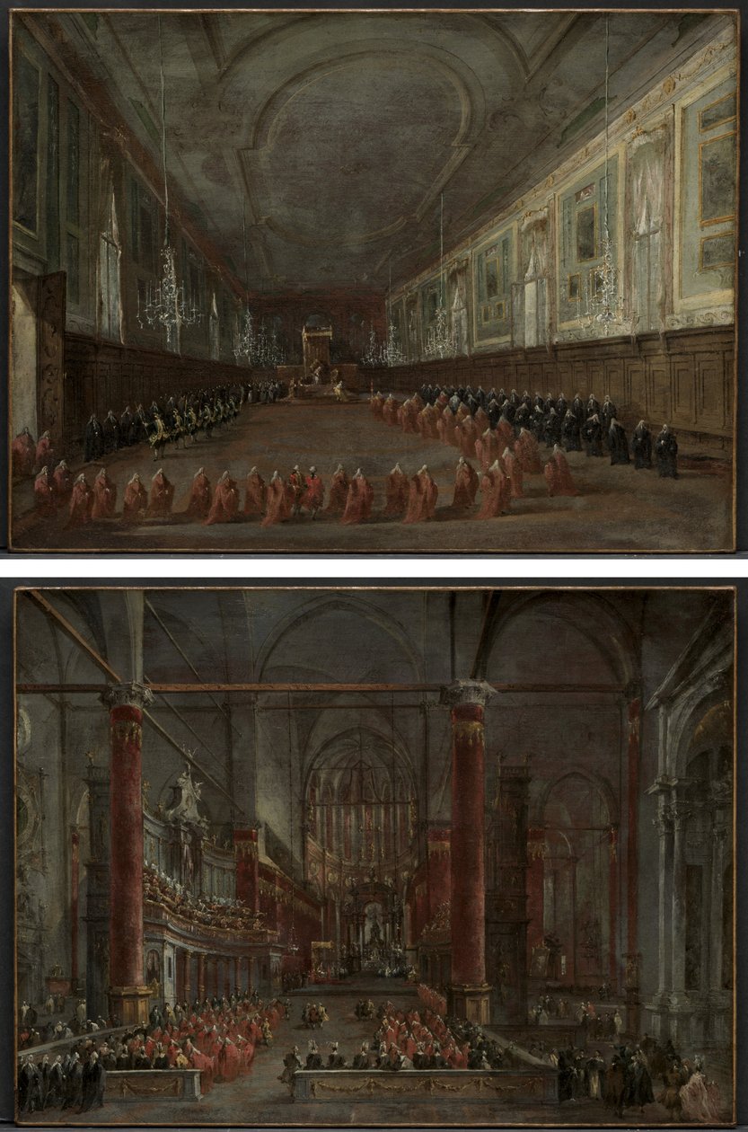 Påven Pius VI går ner på tronen för att ta avsked från dogen i SS Hall. Giovanni e Paolo, 1782 och påvlig ceremoni i SS. Giovanni e Paolo, Venedig, 1782 (par) av Francesco Guardi