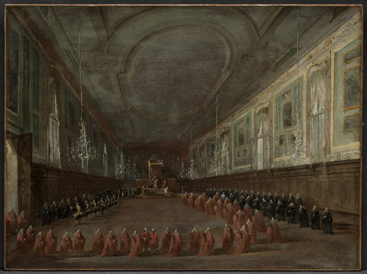 Påven Pius VI går ner på tronen för att ta avsked från dogen i SS-hallen. Giovanni e Paolo, 1782 av Francesco Guardi