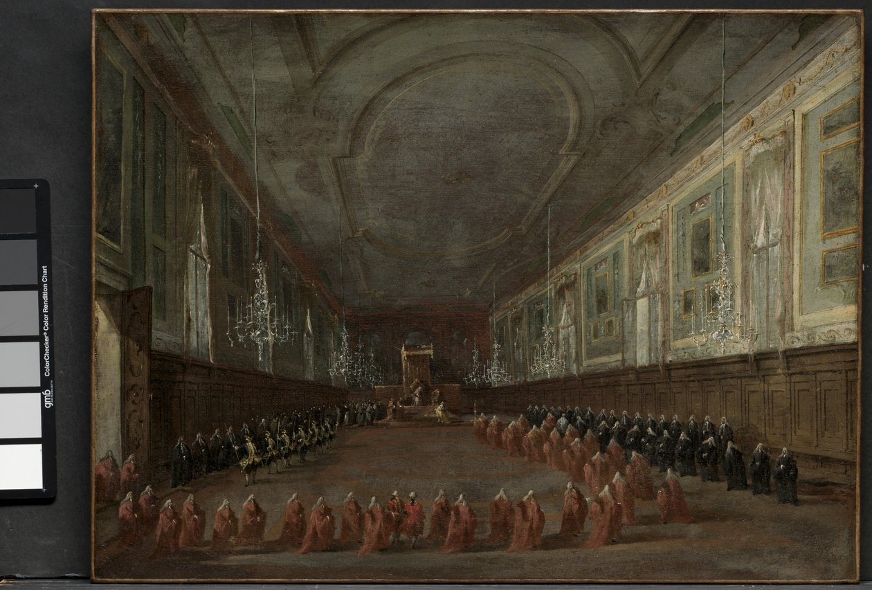Påven Pius VI stiger ner på tronen för att ta avsked av dogen i SS Hall. Giovanni e Paolo, 1782 och påvlig ceremoni i SS. Giovanni e Paolo, Venedig, 1782, ca. 1783 av Francesco Guardi
