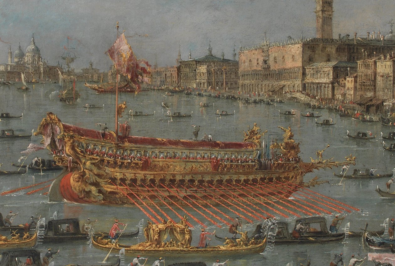 Bucintoro-festivalen i Venedig. Bacino di S. Marco med Bucintoro, Doges State Barge, på Kristi himmelsfärdsdag (detalj), 1780-93 av Francesco Guardi