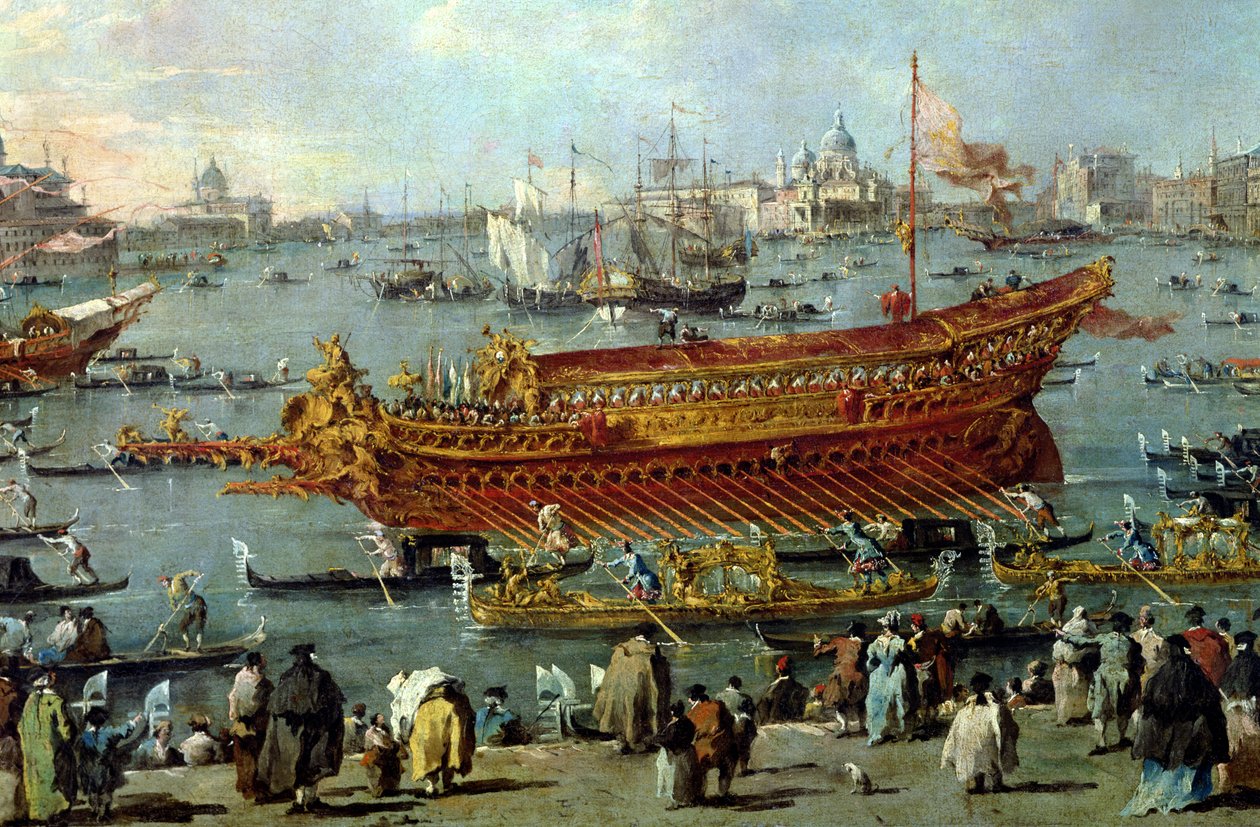 "Bucentaurens" avgång mot Venedigs lido på Kristi himmelsfärdsdag, detalj av båten, 1766-70 av Francesco Guardi