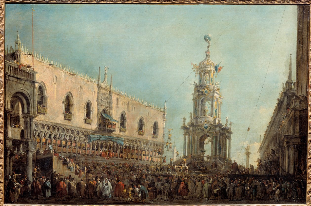 Dogen av Venedig deltar i firandet av Gras torsdag på Piazzetta di San Marco Doge Alvise IV Mocenigo (1701-1778) deltar i akrobatiska föreställningar från Dogepalatsets balkong. Målning av Francesco Guardi (1712-1793) 1766-1770 sön. 0,67x1 m av Francesco Guardi