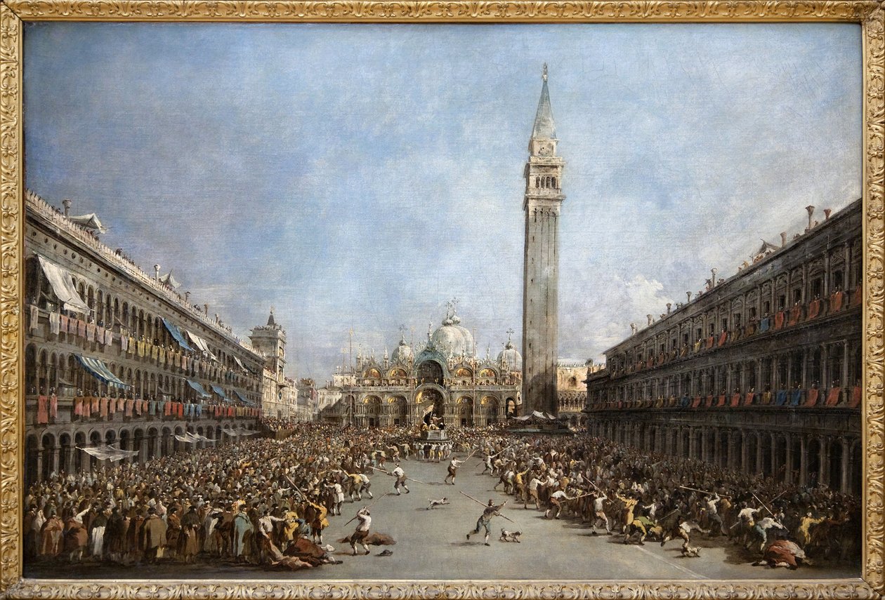 Dogen av Venedig bär gondoljärerna efter hans val till Markusplatsen (San Marco) (vy över Markuskyrkan och klocktornet), oljemålning av Francesco Guardi (1712-1792). Fotografi, KIM Youngtae, Grenoble, Musee de Grenoble. av Francesco Guardi