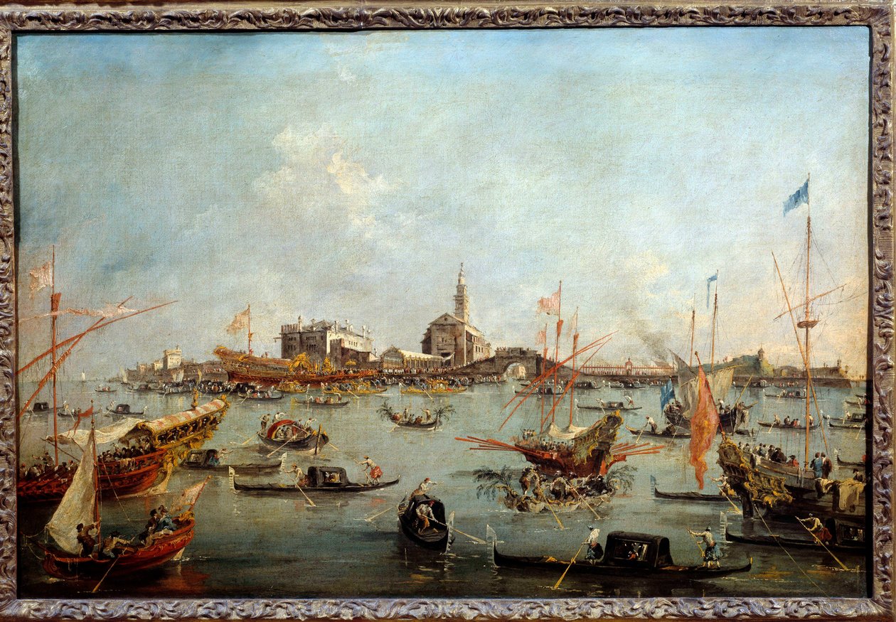 Dogen på Bucentaurus (Bucentoro) i San Nicolo i Venedig på Kristi himmelsfärdsdag Detta är förmodligen Doge Alvise IV Mocenigo (1763-1778). Målning av Francesco Guardi (1712-1793) 1775-1780 sön. 0,67x1m av Francesco Guardi