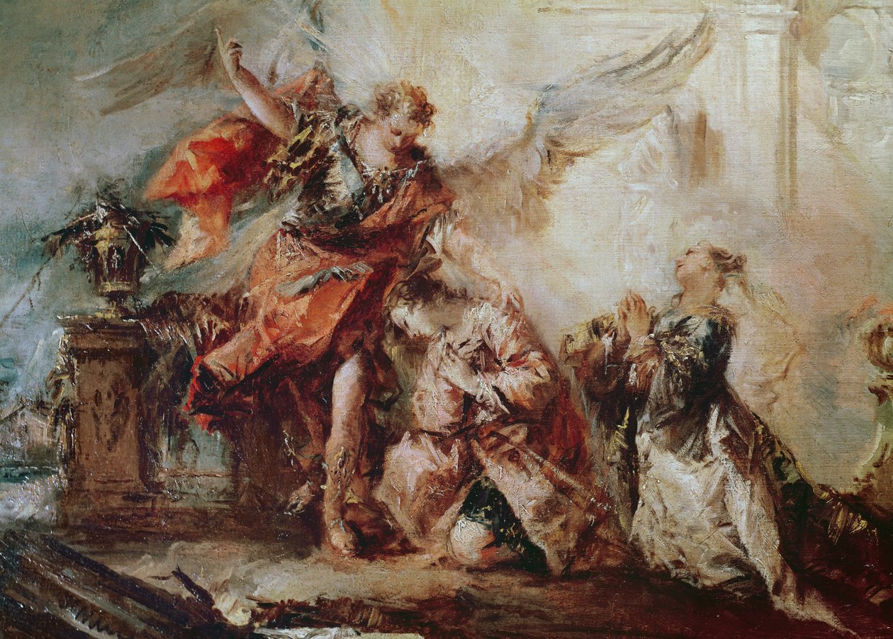 The Marriage of Tobias, detalj av paret Sara och Tobias innan Rafaels mellanhand tackade Gud, ca 1750 av Francesco Guardi