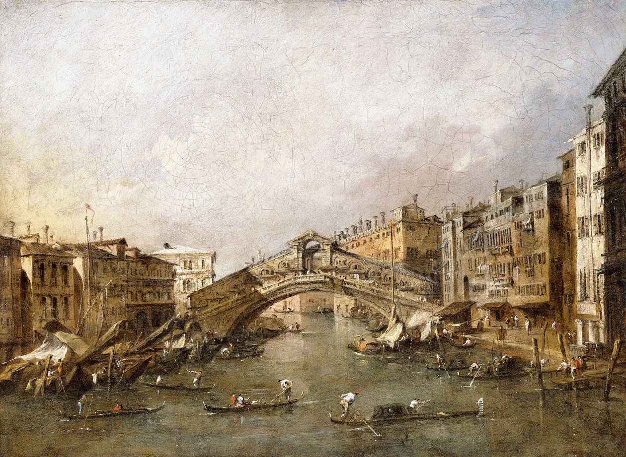 Rialtobron, Venedig, med gondoler i förgrunden, av Francesco Guardi