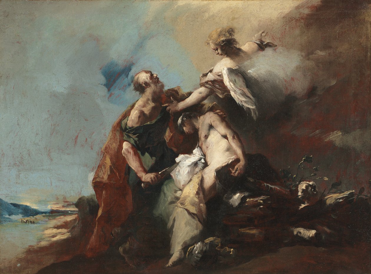 Isaks offer, Tobias och ängeln, Änglarna som visar sig för Abraham, Abraham välkomnar de tre änglarna (målningsserie) av Francesco Guardi