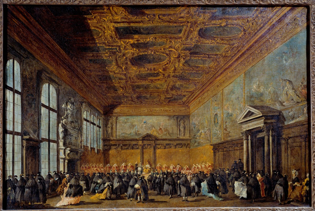 Publiken beviljad av dogen av Venedig (troligen Alvise IV Mocinego (1701-1778)) i College Hall på Ducal Palace of Venice Målning av Francesco Guardi (1712-1793) 1766-1770 Sön. 0,67 x 1,01 m av Francesco Guardi