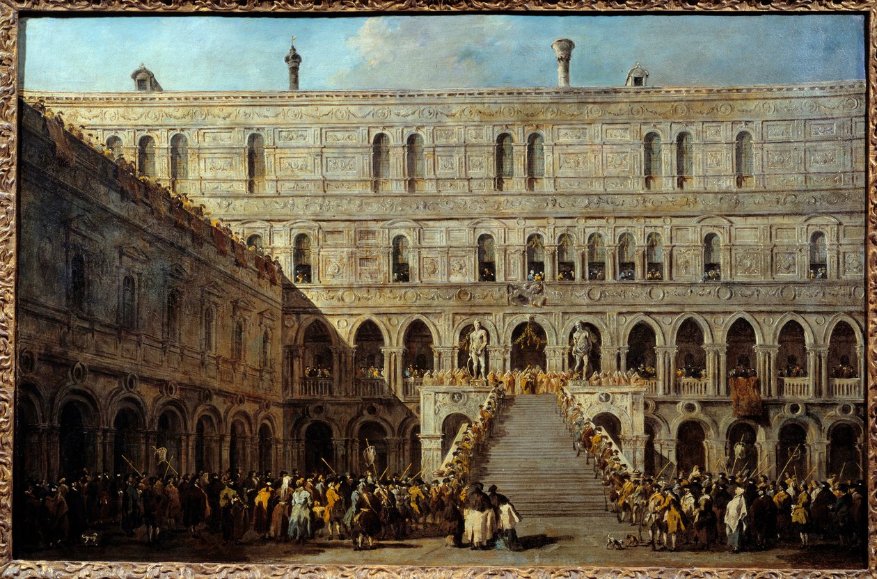 Kröningen av dogen av Venedig på jättarnas trappa vid hertigpalatset. Målning av Francesco Guardi (1712-1793), mellan 1766 och 1770. h/t 0,67 x 1,01m. av Francesco Guardi