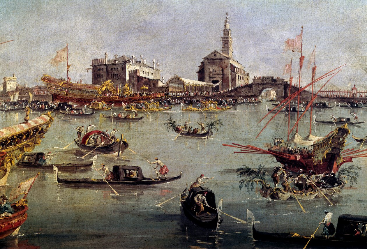 Dogen på Bucentaurus (Bucentoro) i San Nicolo från Lido till Venedig, Kristi himmelsfärdsmålning av Francesco Guardi (1712-1793) 1700-talets Paris, Louvren. av Francesco Guardi