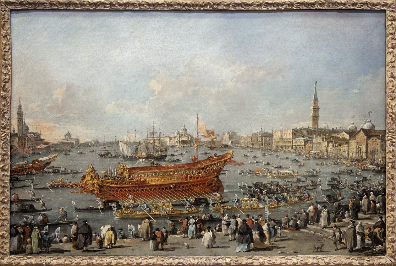 Starten av Bucentaurus (Bucentoro) mot Venedigs Lido på Kristi himmelsfärdsdag, dogen deltar i det stora evenemanget av Kristi himmelsfärdsfirande, Venedigs bröllop med Adriatiska havet till minne av erövringen av Dalmatien på 1300-talet av Francesco Guardi